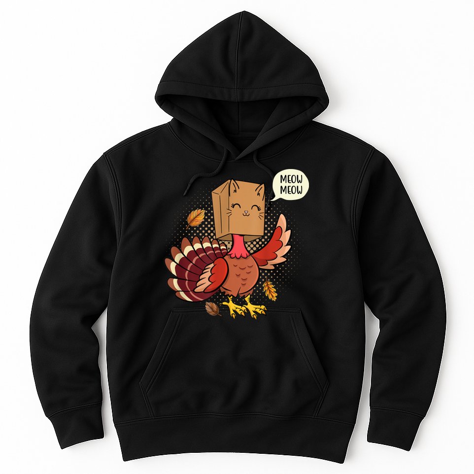 Meow Cat Funny Turkey Thanksgiving Holiday Hoodie
