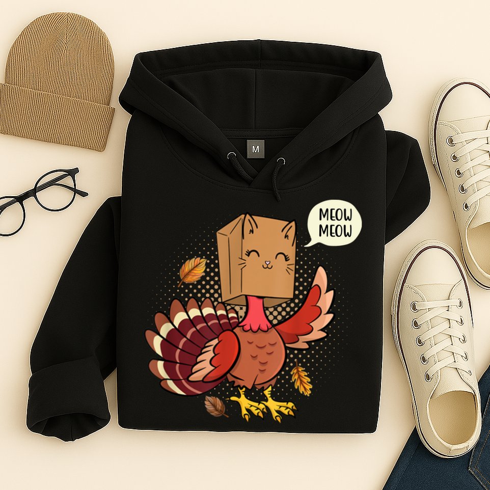 Meow Cat Funny Turkey Thanksgiving Holiday Hoodie