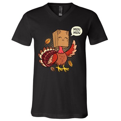 Meow Cat Funny Turkey Thanksgiving Holiday V-Neck T-Shirt