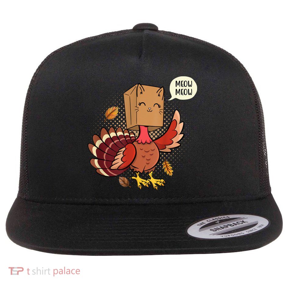 Meow Cat Funny Turkey Thanksgiving Holiday Flatbill Hat