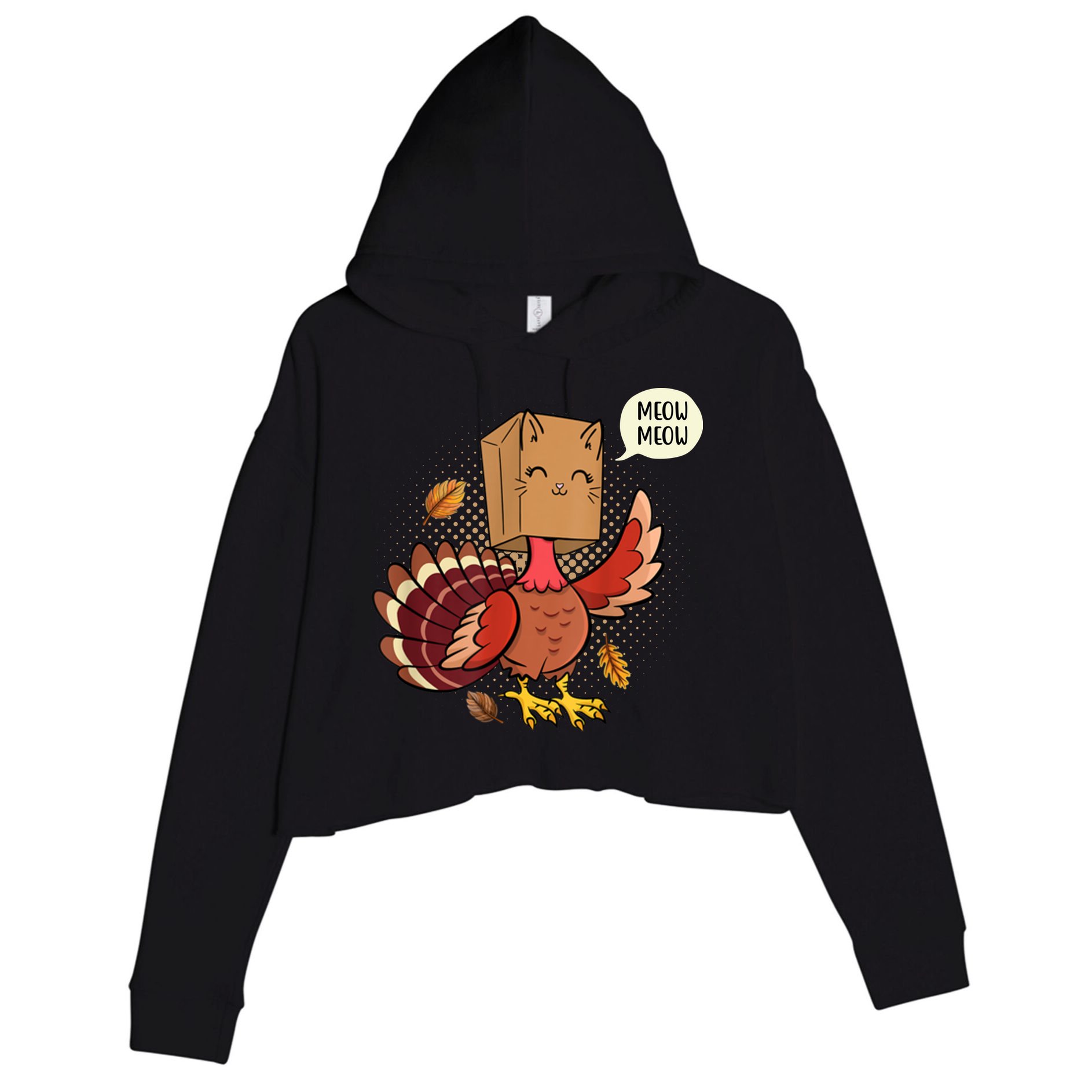 Meow Cat Funny Turkey Thanksgiving Holiday Crop Fleece Hoodie