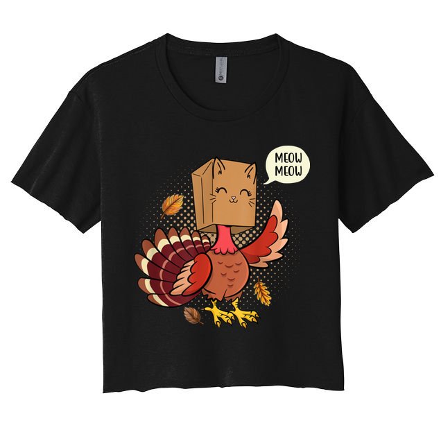 Meow Cat Funny Turkey Thanksgiving Holiday Crop Top