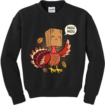Meow Cat Funny Turkey Thanksgiving Holiday Kids Sweatshirt