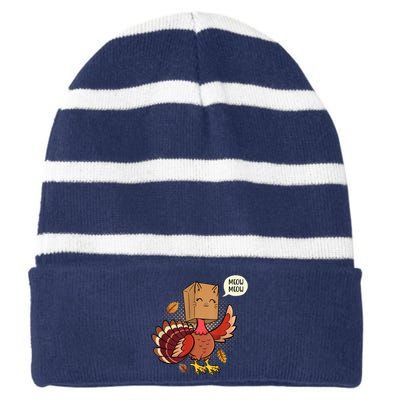 Meow Cat Funny Turkey Thanksgiving Holiday Striped Beanie with Solid Band