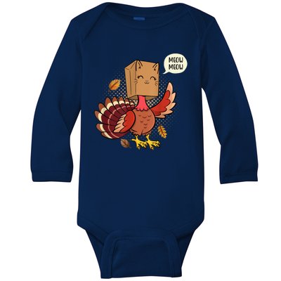 Meow Cat Funny Turkey Thanksgiving Holiday Baby Long Sleeve Bodysuit