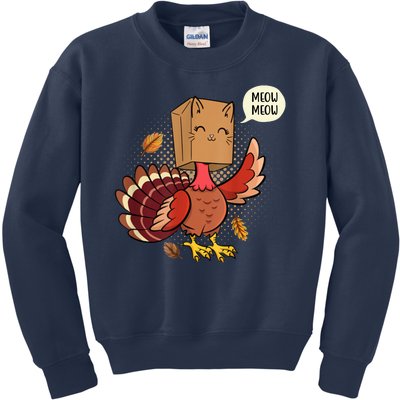 Meow Cat Funny Turkey Thanksgiving Holiday Kids Sweatshirt