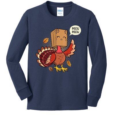 Meow Cat Funny Turkey Thanksgiving Holiday Kids Long Sleeve Shirt