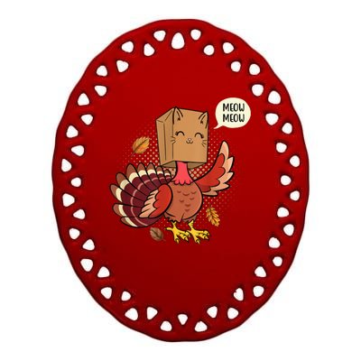 Meow Cat Funny Turkey Thanksgiving Holiday Ceramic Oval Ornament