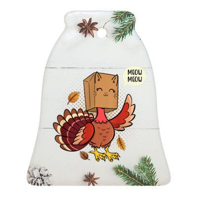 Meow Cat Funny Turkey Thanksgiving Holiday Ceramic Bell Ornament