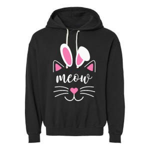 Meow Cat Face Easter Day Bunny Ears Shirt Funny Cat Lover Garment-Dyed Fleece Hoodie