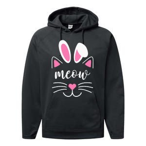 Meow Cat Face Easter Day Bunny Ears Shirt Funny Cat Lover Performance Fleece Hoodie