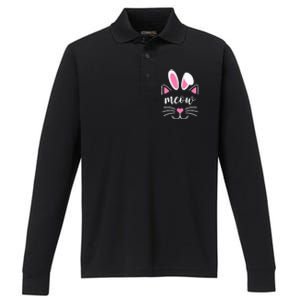 Meow Cat Face Easter Day Bunny Ears Shirt Funny Cat Lover Performance Long Sleeve Polo