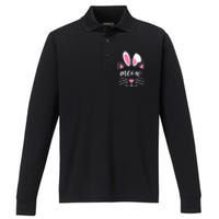 Meow Cat Face Easter Day Bunny Ears Shirt Funny Cat Lover Performance Long Sleeve Polo