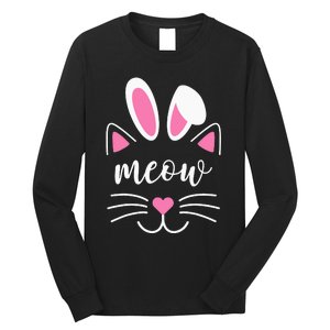 Meow Cat Face Easter Day Bunny Ears Shirt Funny Cat Lover Long Sleeve Shirt