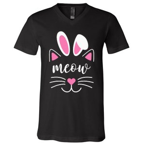 Meow Cat Face Easter Day Bunny Ears Shirt Funny Cat Lover V-Neck T-Shirt