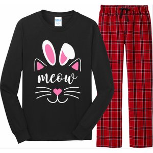 Meow Cat Face Easter Day Bunny Ears Shirt Funny Cat Lover Long Sleeve Pajama Set