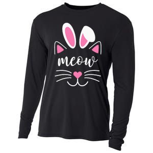 Meow Cat Face Easter Day Bunny Ears Shirt Funny Cat Lover Cooling Performance Long Sleeve Crew