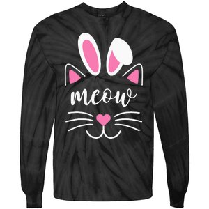 Meow Cat Face Easter Day Bunny Ears Shirt Funny Cat Lover Tie-Dye Long Sleeve Shirt