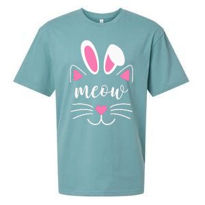 Meow Cat Face Easter Day Bunny Ears Shirt Funny Cat Lover Sueded Cloud Jersey T-Shirt