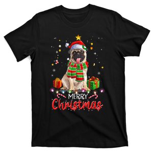 Merry Christmas Funny Pug Dog Santa Hat Xmas Tree Lights T-Shirt