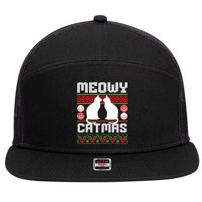 Meowy Catmas Funny Cat Christmas Ugly 7 Panel Mesh Trucker Snapback Hat