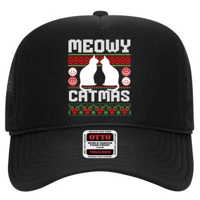 Meowy Catmas Funny Cat Christmas Ugly High Crown Mesh Back Trucker Hat