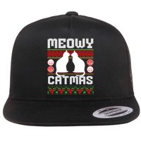 Meowy Catmas Funny Cat Christmas Ugly Flat Bill Trucker Hat