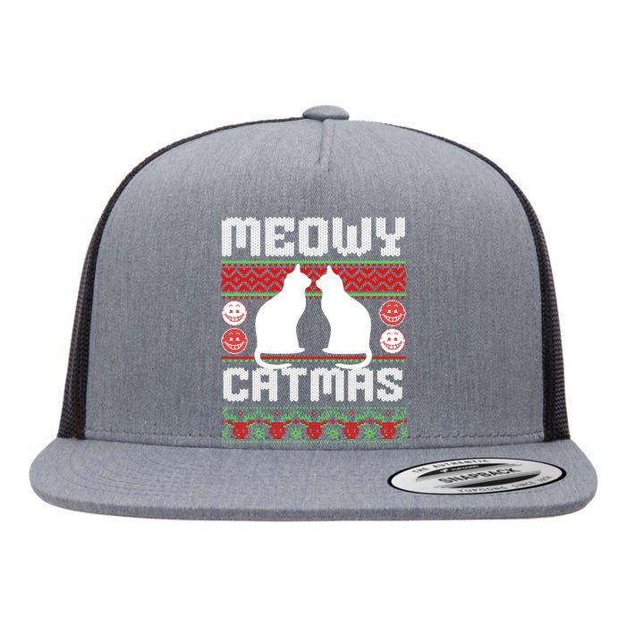 Meowy Catmas Funny Cat Christmas Ugly Flat Bill Trucker Hat