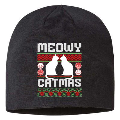 Meowy Catmas Funny Cat Christmas Ugly Sustainable Beanie