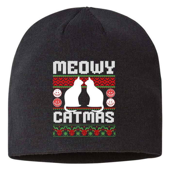 Meowy Catmas Funny Cat Christmas Ugly Sustainable Beanie