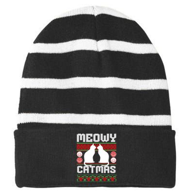 Meowy Catmas Funny Cat Christmas Ugly Striped Beanie with Solid Band