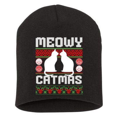 Meowy Catmas Funny Cat Christmas Ugly Short Acrylic Beanie