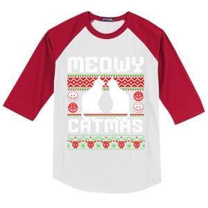 Meowy Catmas Funny Cat Christmas Ugly Kids Colorblock Raglan Jersey