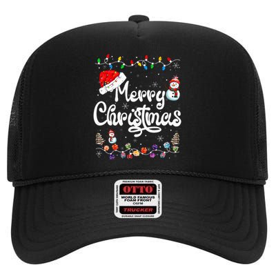 Merry Christmas Family Matching Xmas Santa Hat Xmas Lights High Crown Mesh Back Trucker Hat