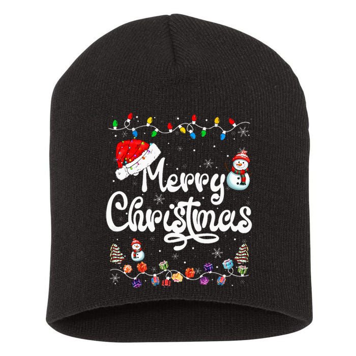 Merry Christmas Family Matching Xmas Santa Hat Xmas Lights Short Acrylic Beanie