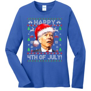 Merry Christmas Funny Joe Biden Happy 4th of July Ugly Xmas Ladies Long Sleeve Shirt