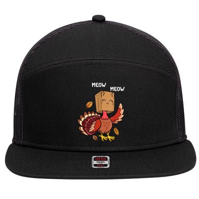Meow Cat Funny Thanksgiving Turkey 7 Panel Mesh Trucker Snapback Hat