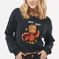 Meow Cat Funny Thanksgiving Turkey Cropped Pullover Crew