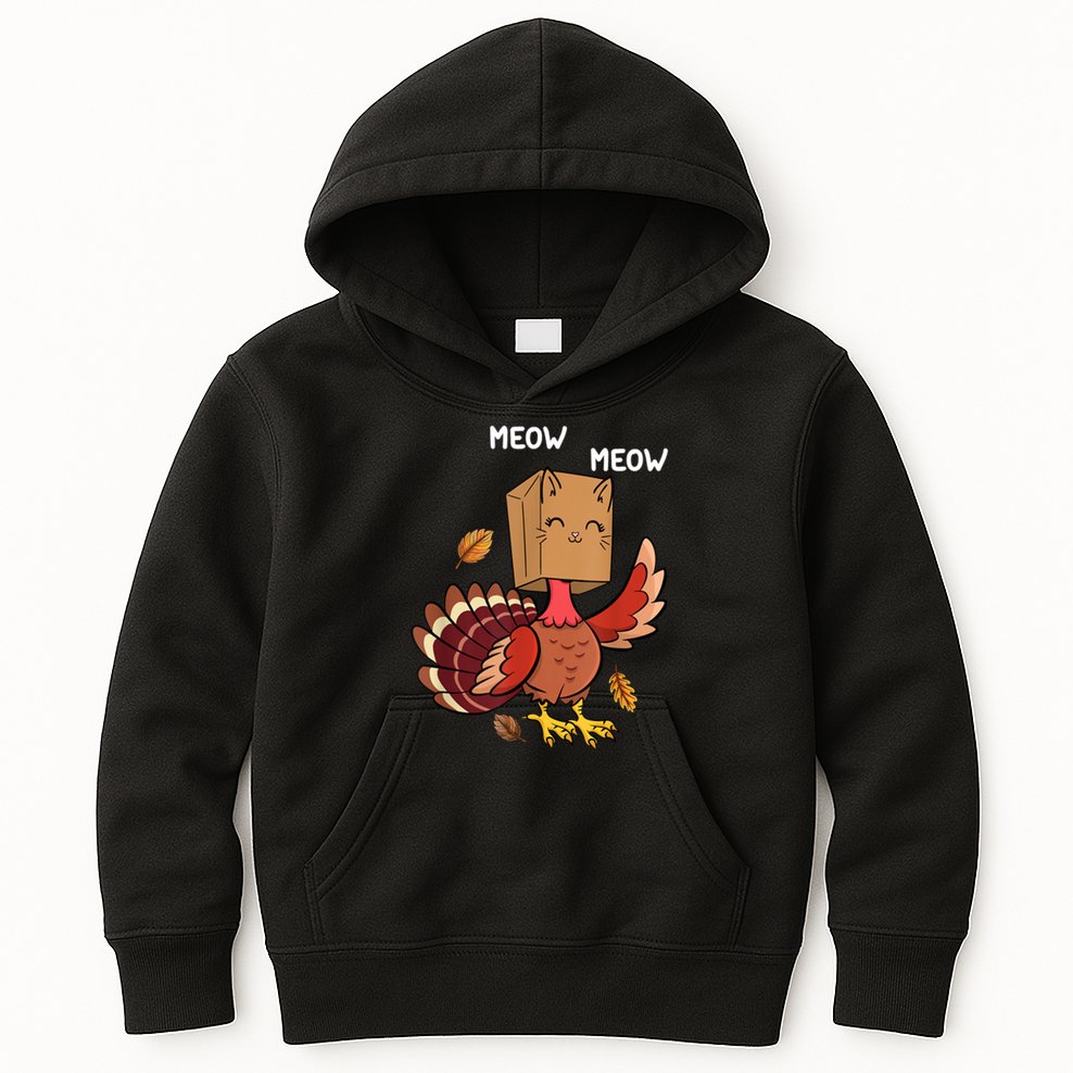 Meow Cat Funny Thanksgiving Turkey Kids Hoodie