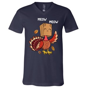 Meow Cat Funny Thanksgiving Turkey V-Neck T-Shirt