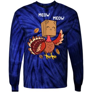 Meow Cat Funny Thanksgiving Turkey Tie-Dye Long Sleeve Shirt