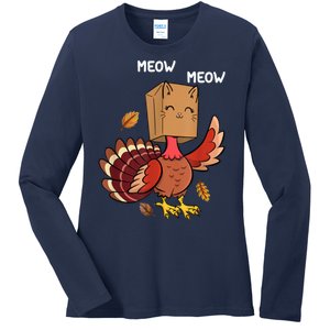 Meow Cat Funny Thanksgiving Turkey Ladies Long Sleeve Shirt