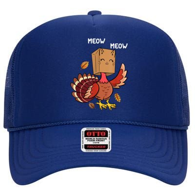 Meow Cat Funny Thanksgiving Turkey High Crown Mesh Back Trucker Hat