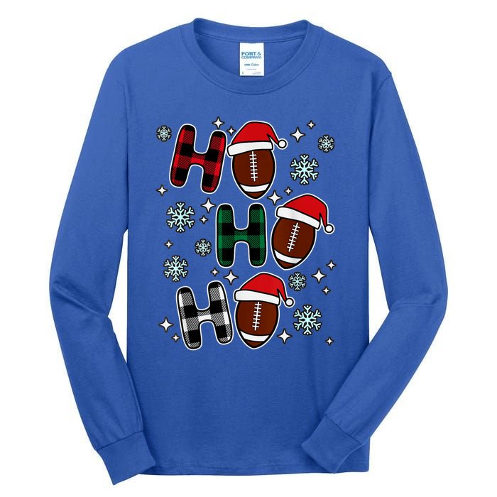 Merry Christmas Football Player Ball Ho Ho Ho Plaid Xmas Gift Tall Long Sleeve T-Shirt