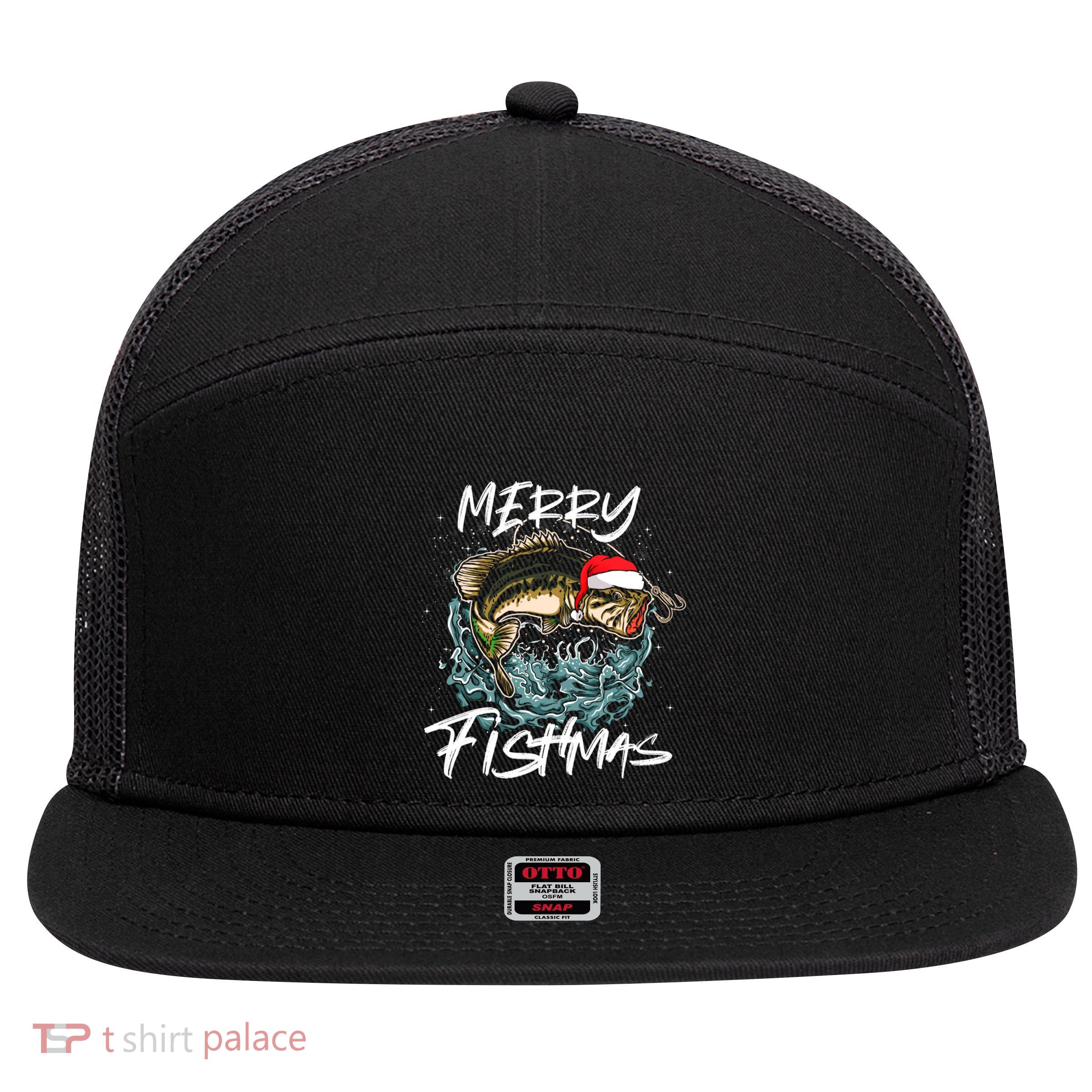 Merry Christmas Fishmas Funny Fishing Fish Funny Gift 7 Panel Mesh Trucker Snapback Hat