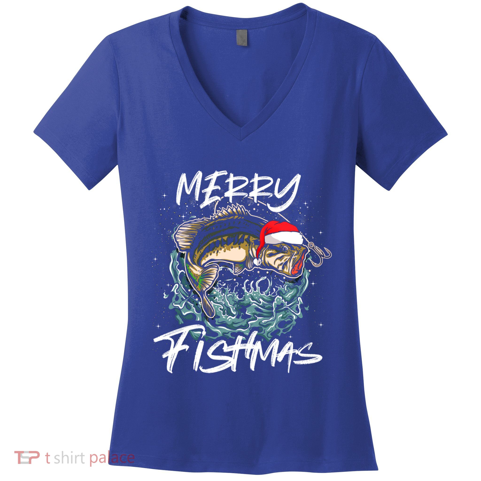 Merry Christmas Fishmas Funny Fishing Fish Funny Gift Women's V-Neck T-Shirt
