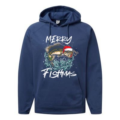 Merry Christmas Fishmas Funny Fishing Fish Funny Gift Performance Fleece Hoodie