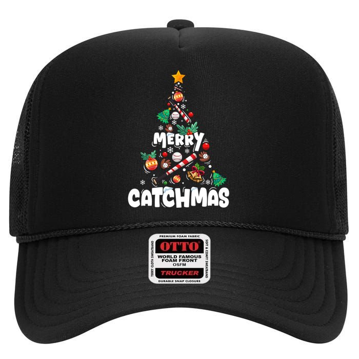 Merry Christmas Funny Gift Merry Catchmas Baseball Christmas Tree High Crown Mesh Back Trucker Hat