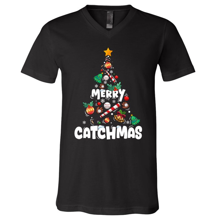 Merry Christmas Funny Gift Merry Catchmas Baseball Christmas Tree V-Neck T-Shirt