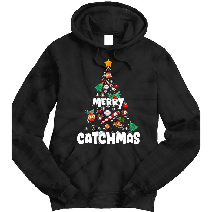 Merry Christmas Funny Gift Merry Catchmas Baseball Christmas Tree Tie Dye Hoodie